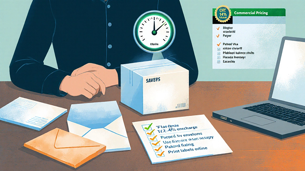 Business owner reviewing flat‑rate and padded envelopes with floating fuel gauge and savings checklist.
