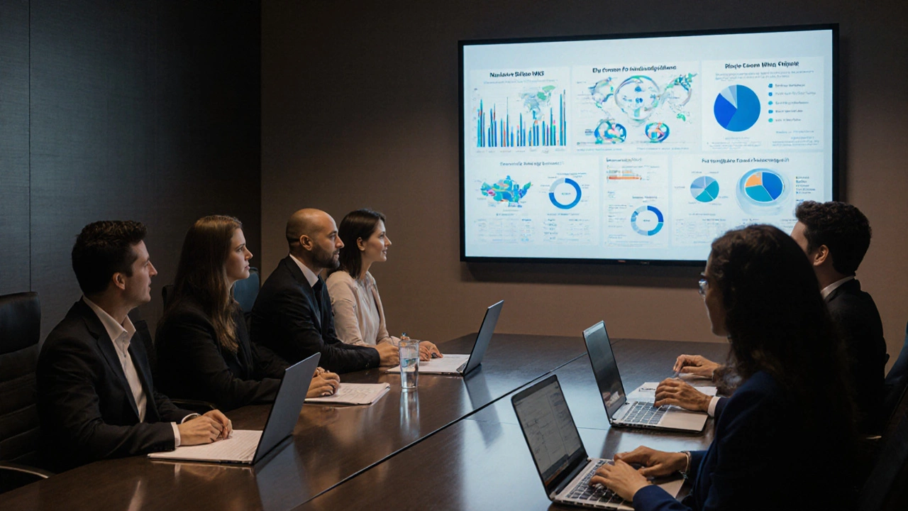 Business team discussing software options while viewing analytics on screens.