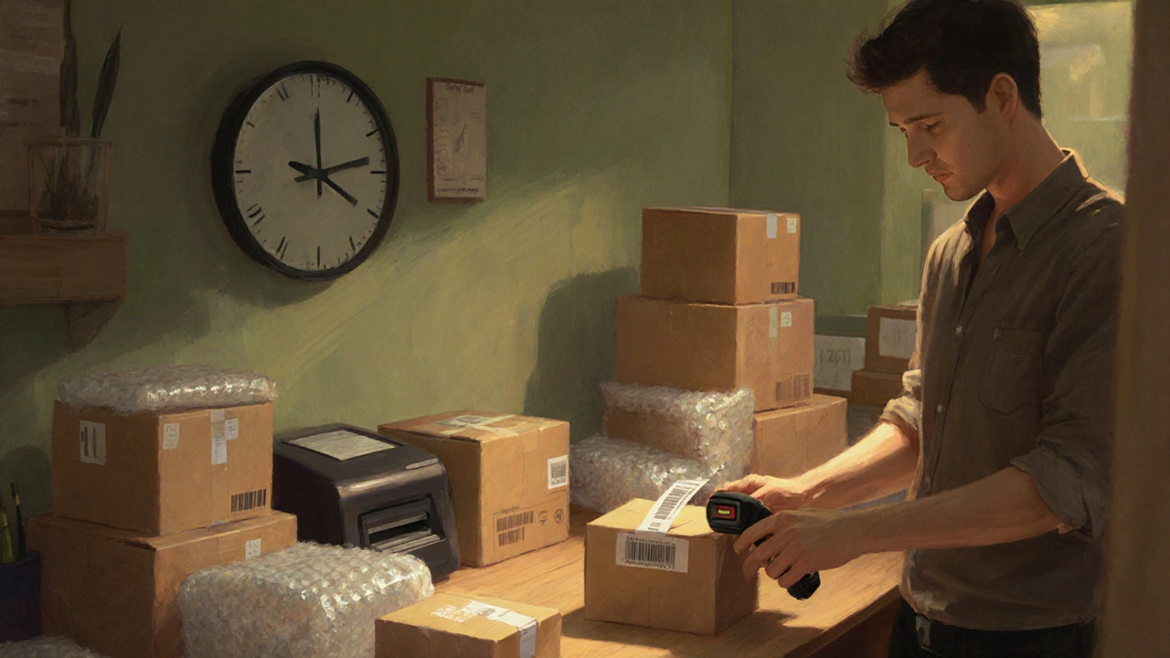 E‑commerce owner packing parcels with bubble wrap and barcode labels near a wall clock.