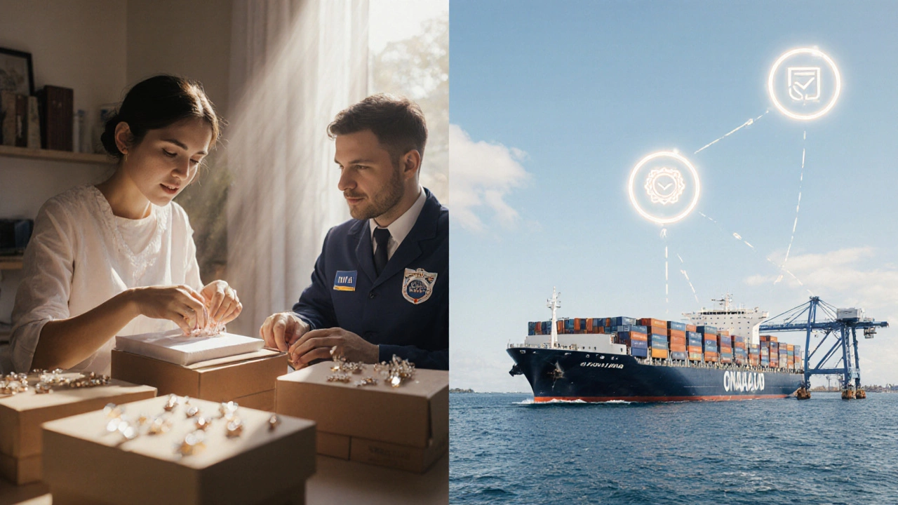 E‑commerce seller packing jewelry, freight forwarder loading container onto ship.