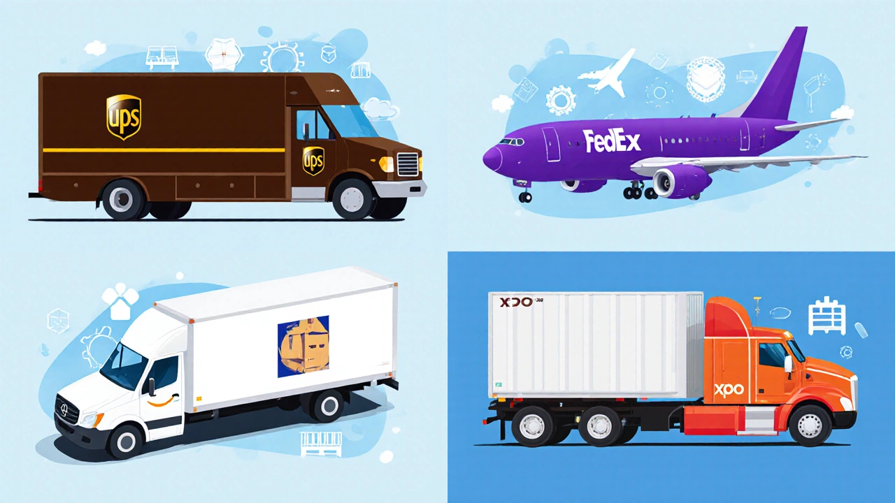 Four panels showing UPS trucks, FedEx vans and planes, Amazon delivery vans, and XPO trailers.