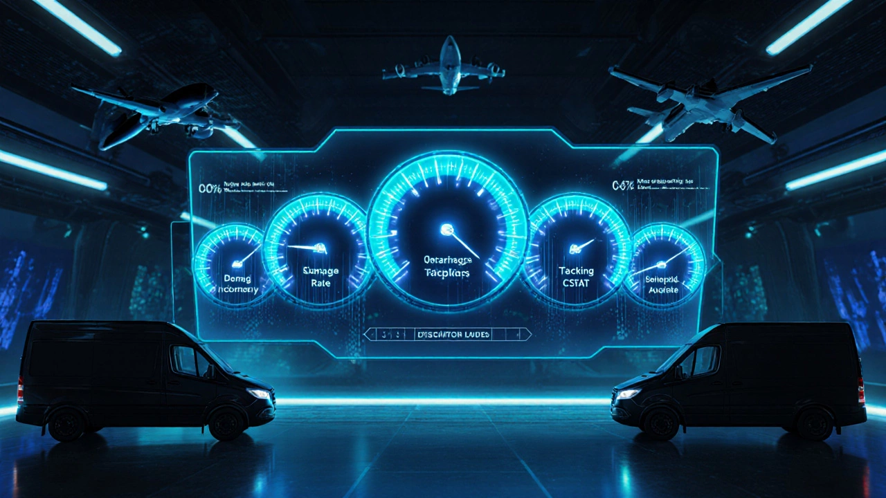 Futuristic control room with glowing gauges showing delivery performance metrics.