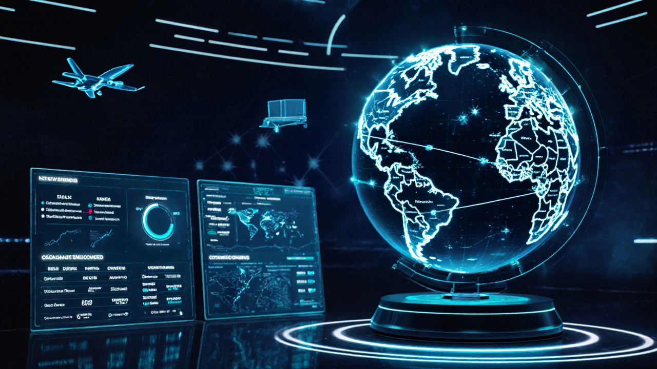 Futuristic control room with holographic globe, glowing transport routes, and AI charts for shipping.