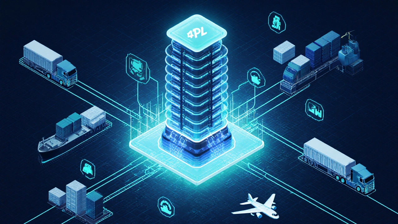 Futuristic control tower with data streams linking transport modes, representing 4PL orchestration.