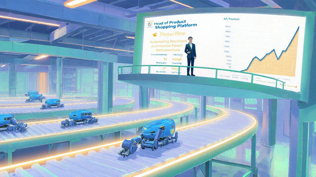 Futuristic fulfillment center with robots and a product leader overseeing AI dashboards.
