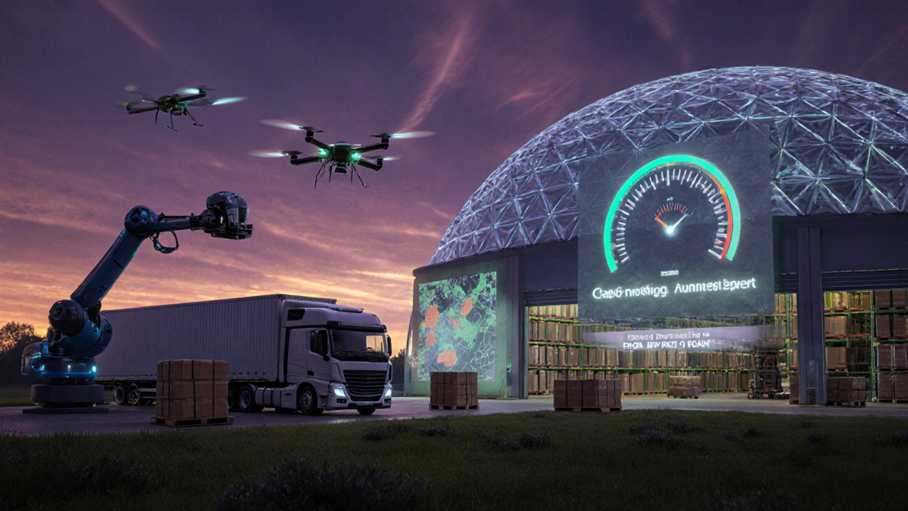 Futuristic logistics hub with autonomous electric trucks, drones, carbon‑footprint overlay and robots.