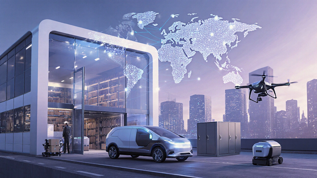 Futuristic scene with electric van, drone, robot and AI map for deliveries.