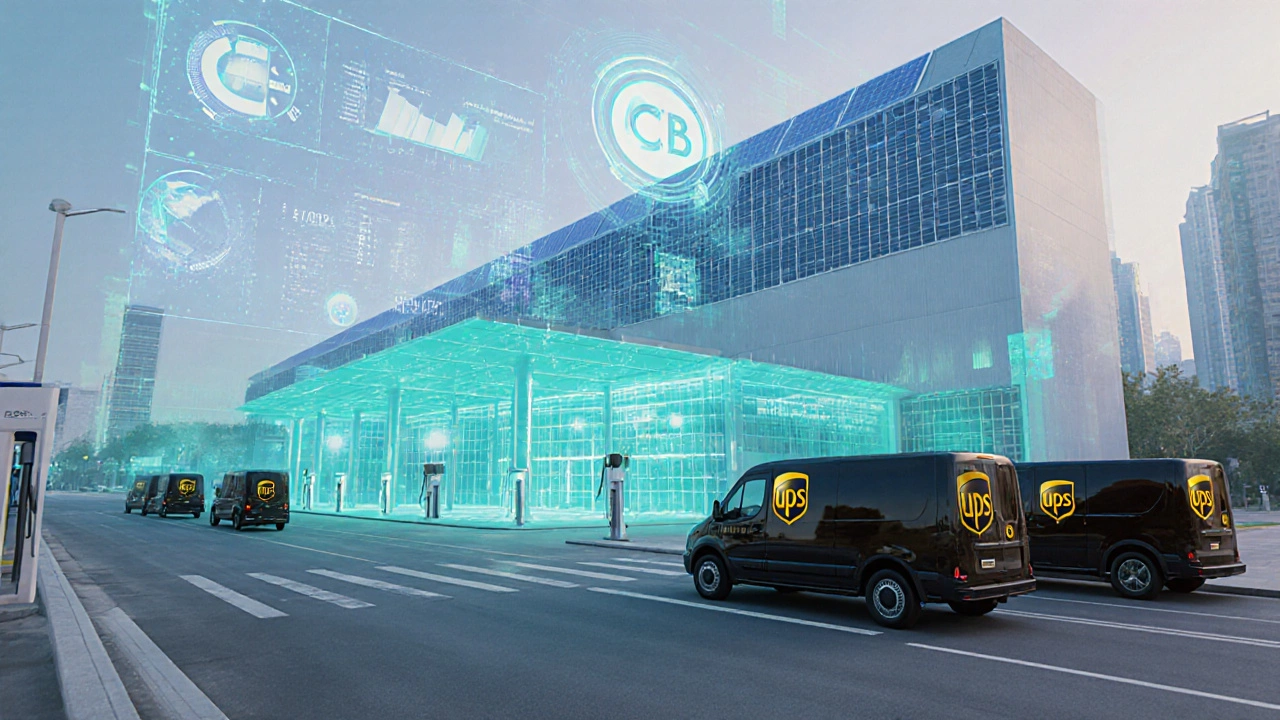 Futuristic UPS warehouse with solar panels, electric vans, and holographic AI routing displays.