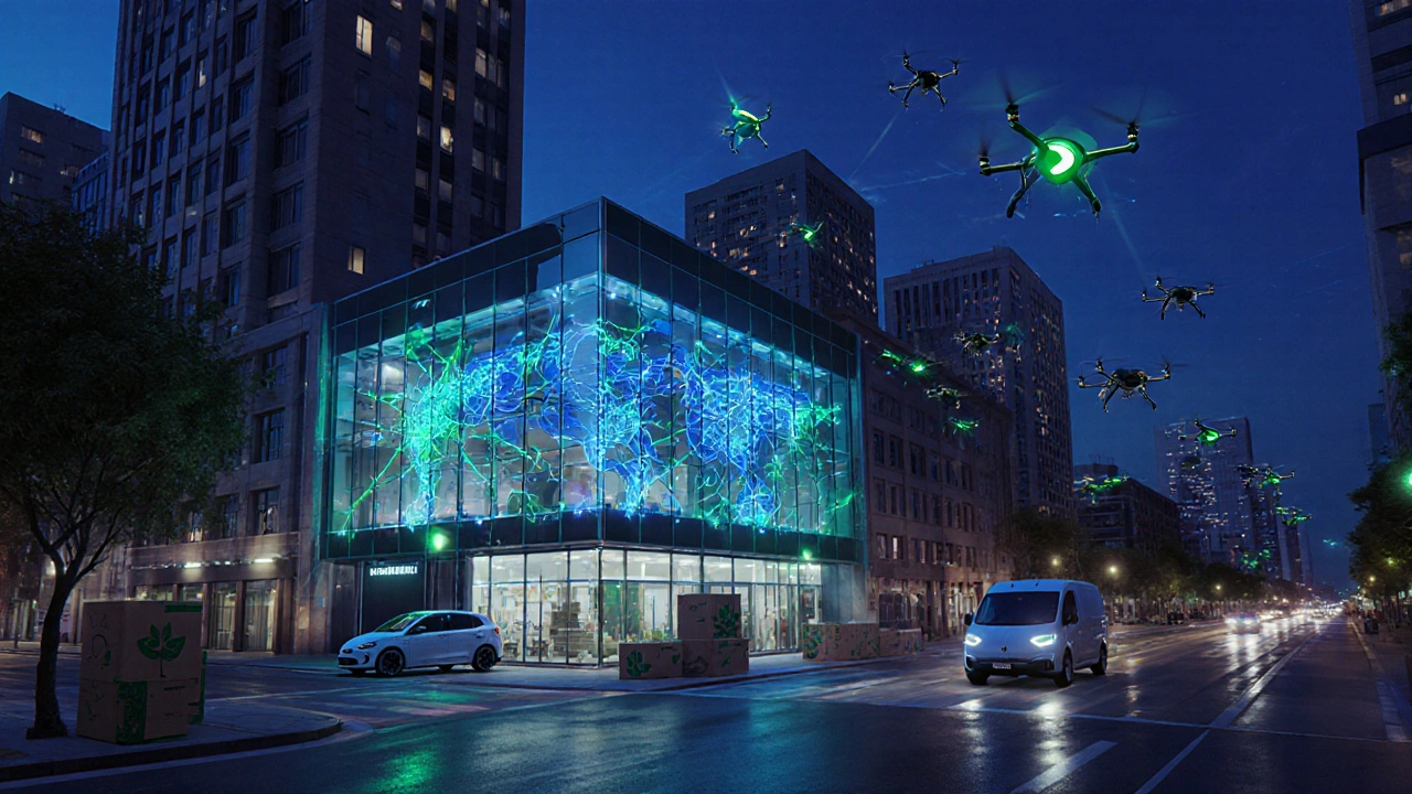 Futuristic urban scene with micro‑fulfilment hub, drones, autonomous trucks, and eco‑friendly packaging.