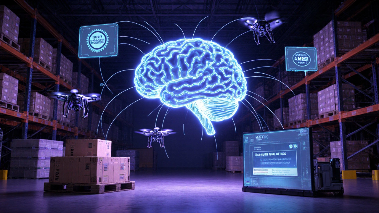 Futuristic warehouse scene with holographic AI hub, drones and RFID scanners sending data streams into a glowing core.