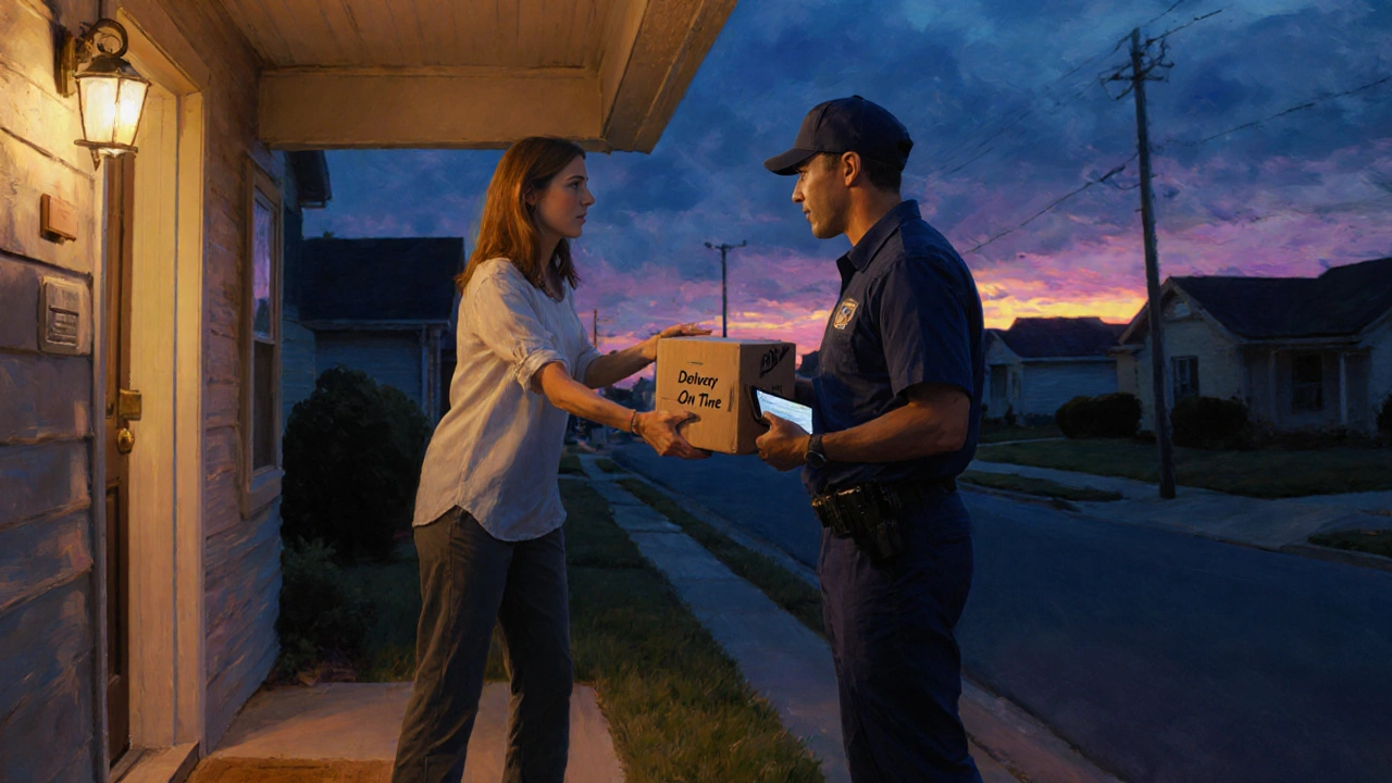 Happy homeowner receives a same‑day package at the doorstep, while a tracking screen confirms on‑time delivery.