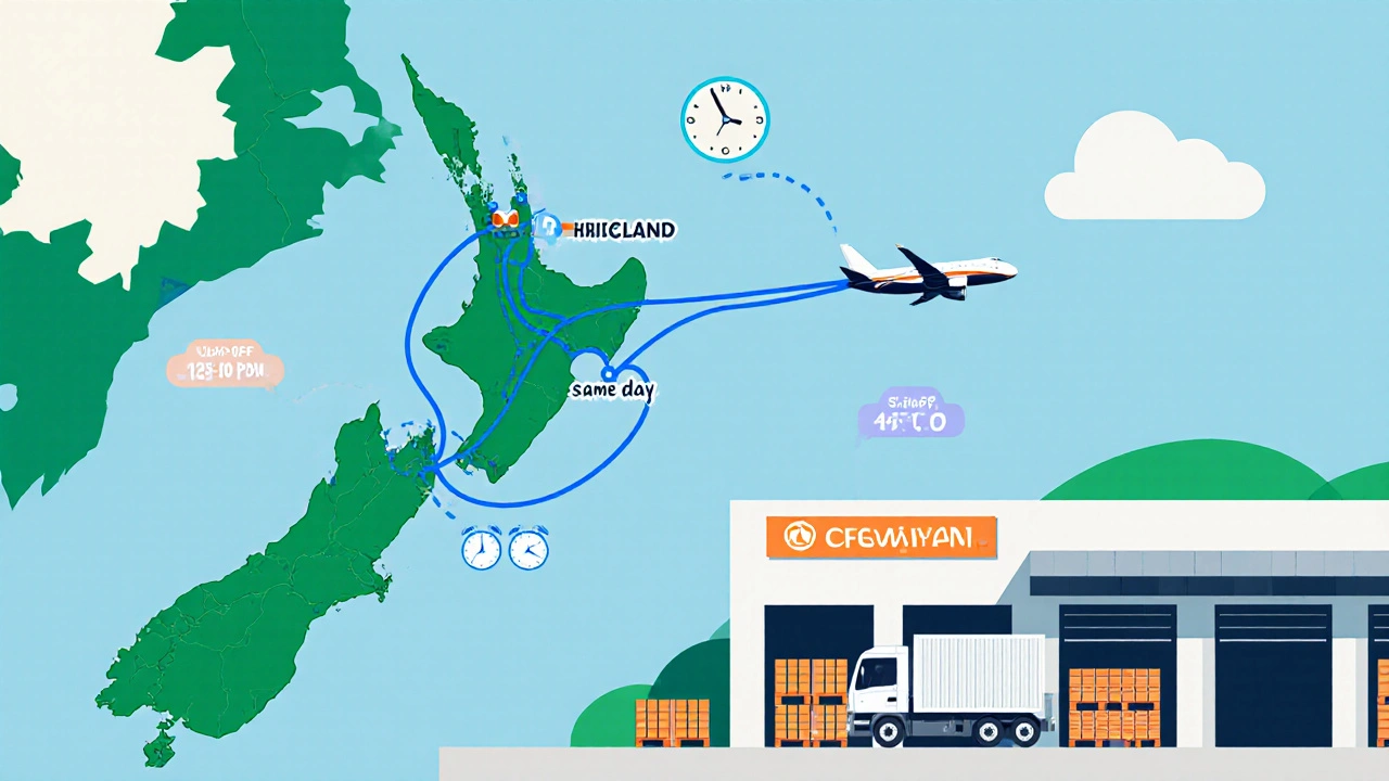 Illustrated map of New Zealand shows courier routes between Auckland and Wellington with plane, truck icons and cut‑off time clocks.