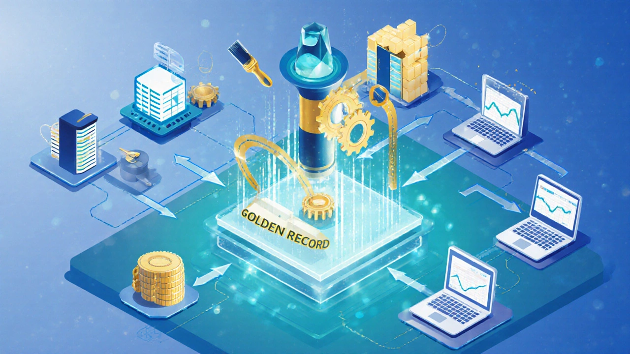 Illustration of data flowing from ERP, WMS and suppliers into a central golden record hub, then out to downstream systems.