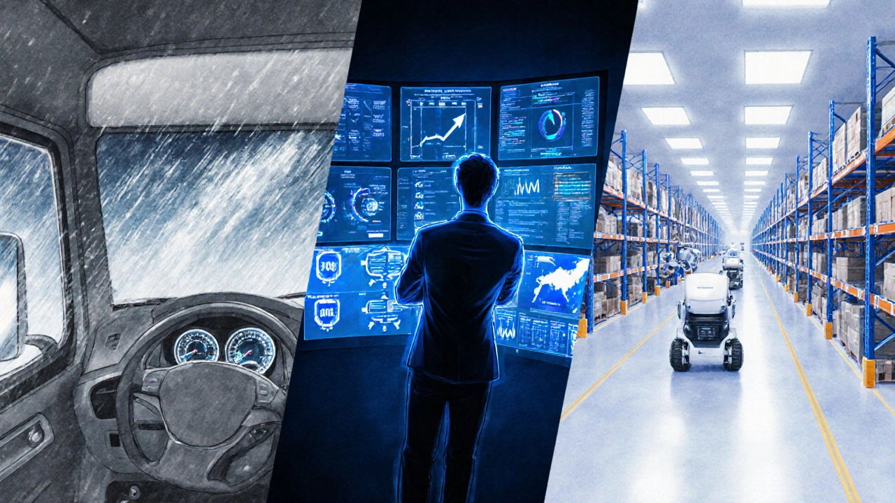 Illustration showing a driver in rain, an analyst at a control desk, and a manager with robotic pickers.