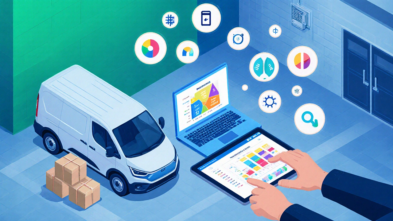 Isometric illustration of a startup workspace with electric van, boxes, and floating cost icons.