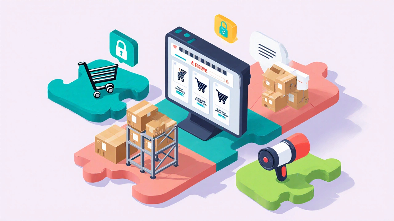 Isometric puzzle of icons representing e‑commerce components fitting together.