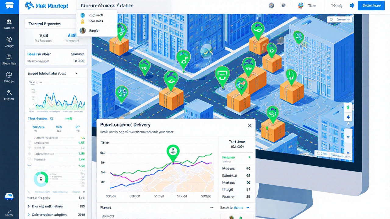 Isometric view of a city map with parcels moving, showing a tracking dashboard.