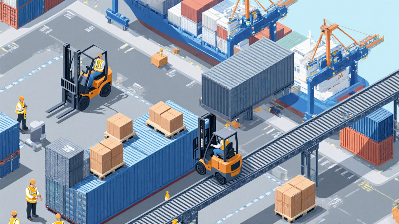 Isometric view of a logistics hub with workers loading pallets onto a container and a ship in the background.