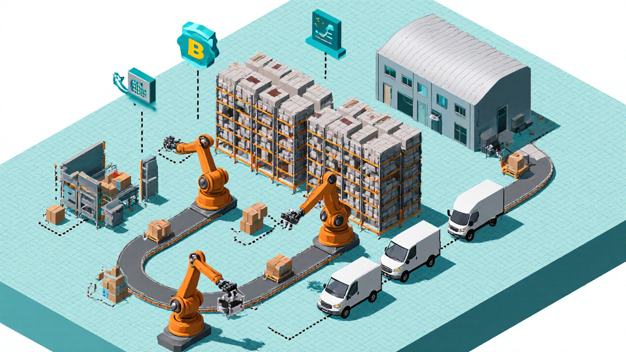 Isometric view of an automated warehouse with robots, delivery vans, and a returns area.