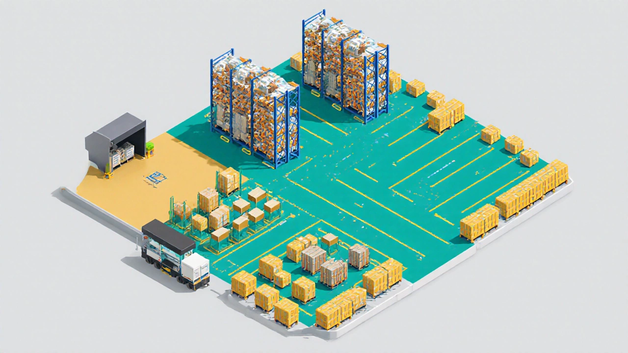 Isometric view of an optimized warehouse layout with one‑way aisles and color‑coded zones.