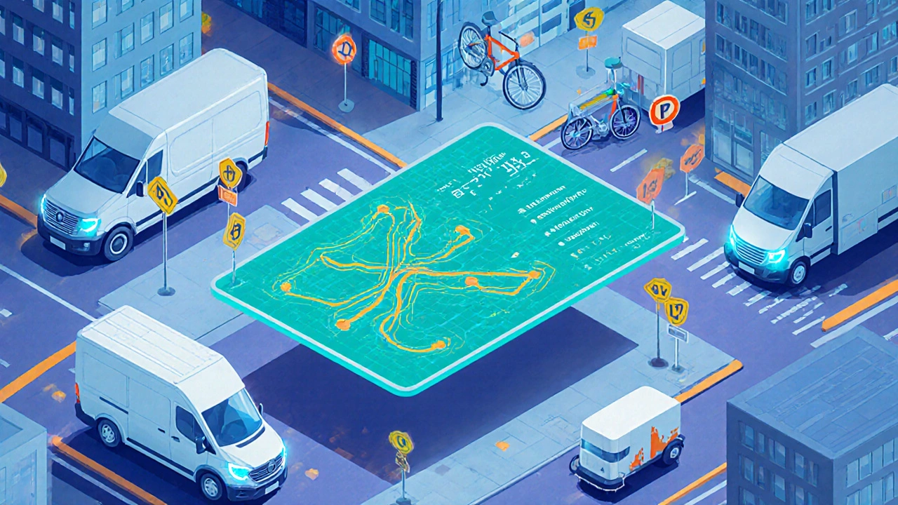 Isometric view of delivery vehicles and digital routing dashboard in a city.