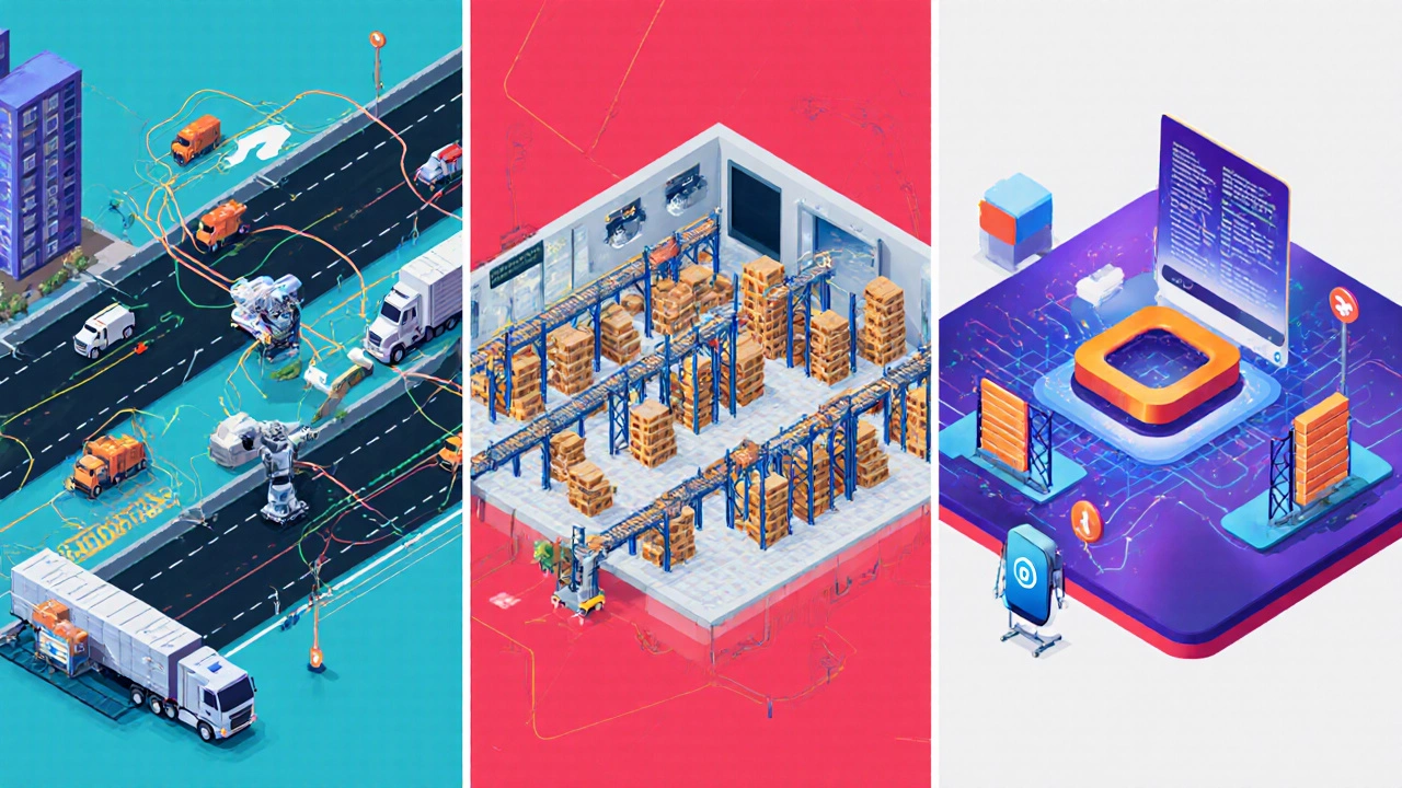 Isometric view of transport routes, warehouse robots, and order processing panels.