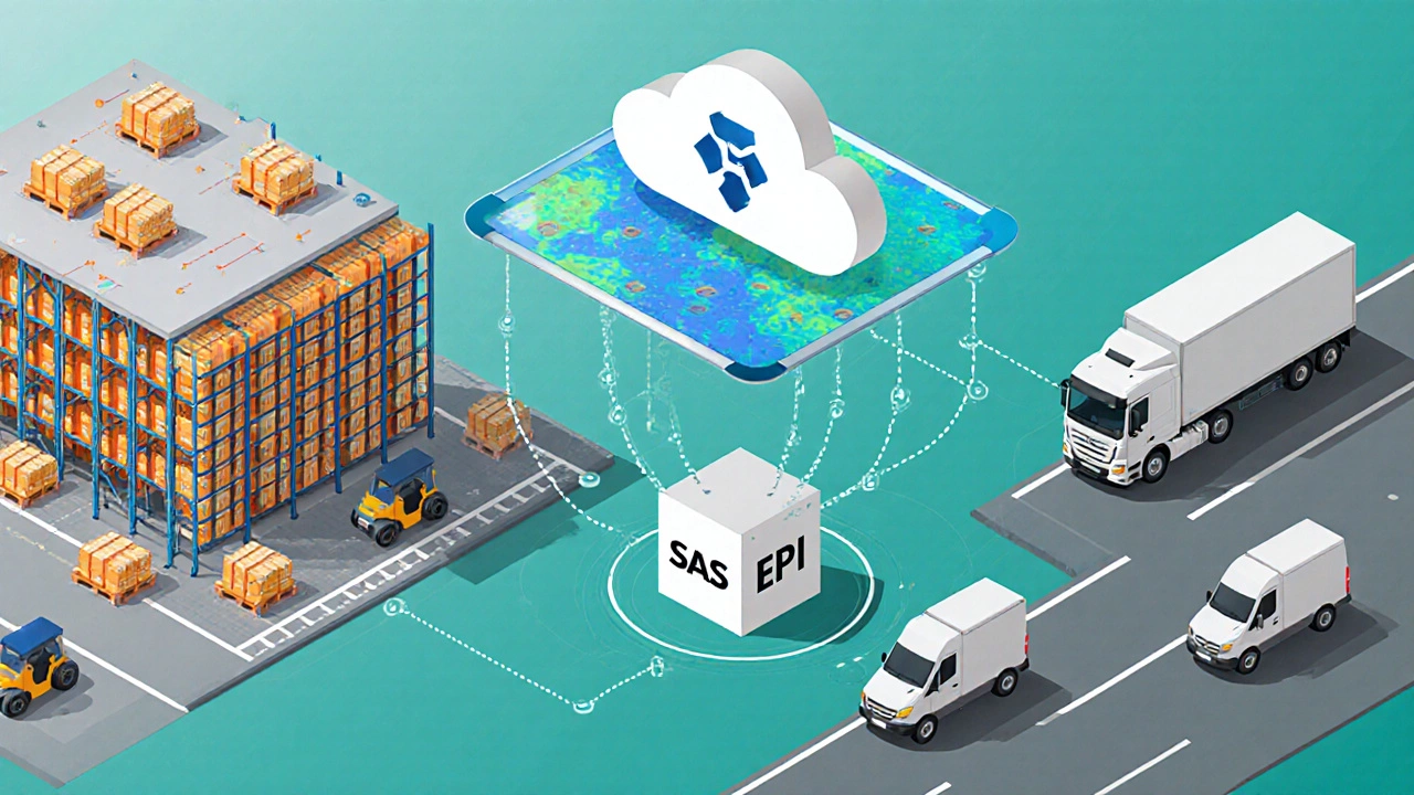 Isometric view of warehouse shelves with RFID tags, AI analytics screen and transportation planning interface.