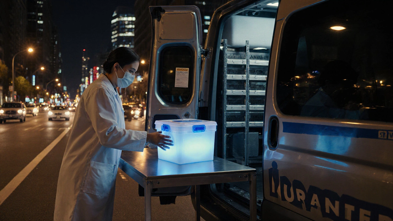 Medical lab box placed into a temperature‑controlled courier van at night.