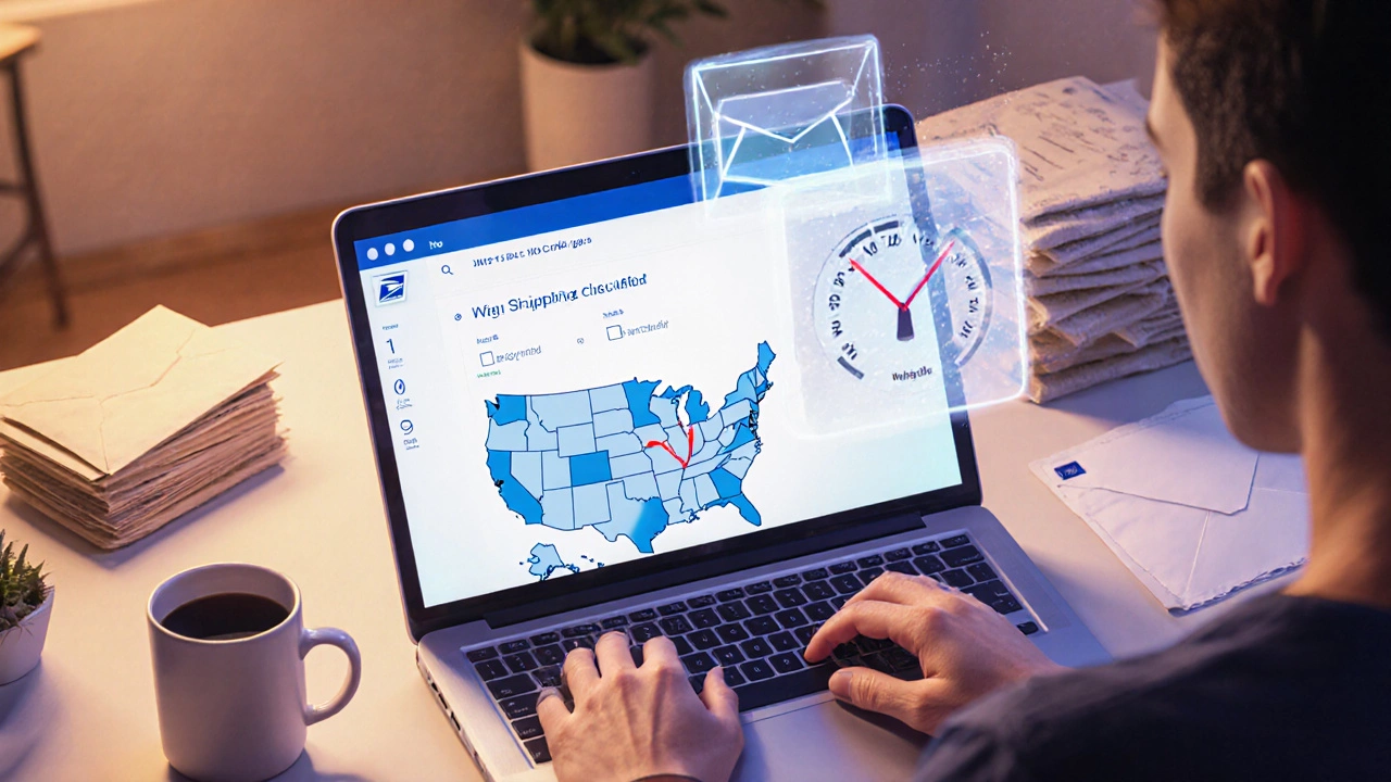 Person at a desk using a laptop with holographic shipping calculation elements and packages nearby.