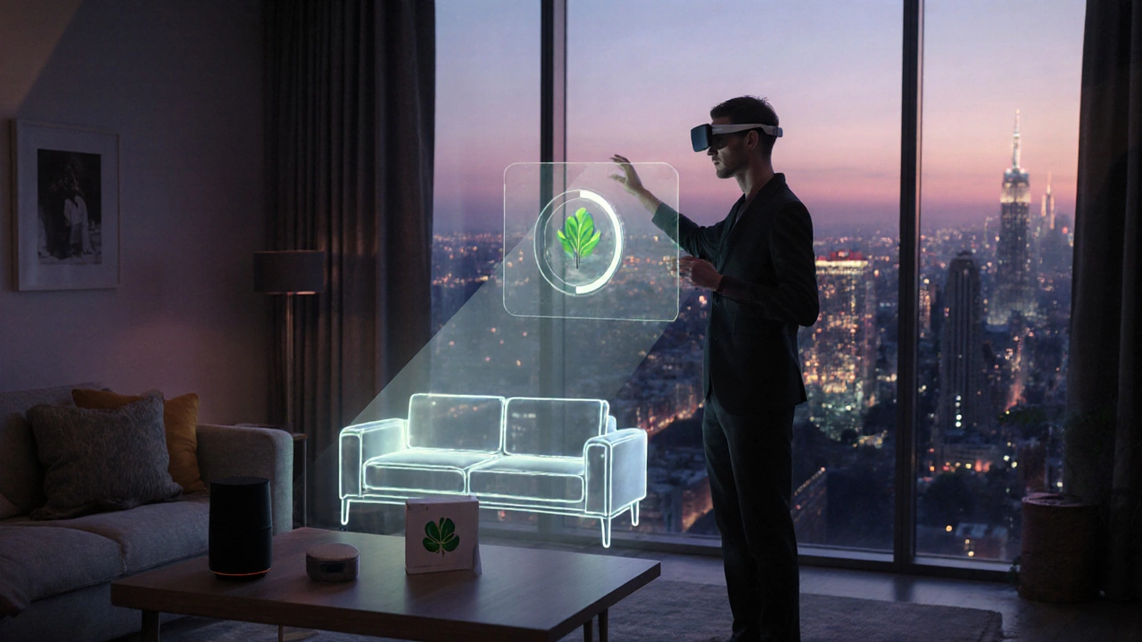 Shopper uses AR glasses to visualize furniture while a voice assistant and eco‑friendly packaging appear.
