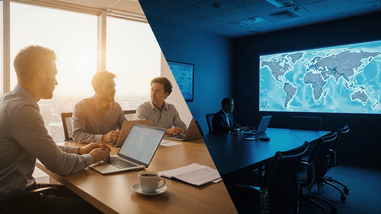 Split scene of retailer and manufacturer meetings contrasting 3PL and 4PL services.