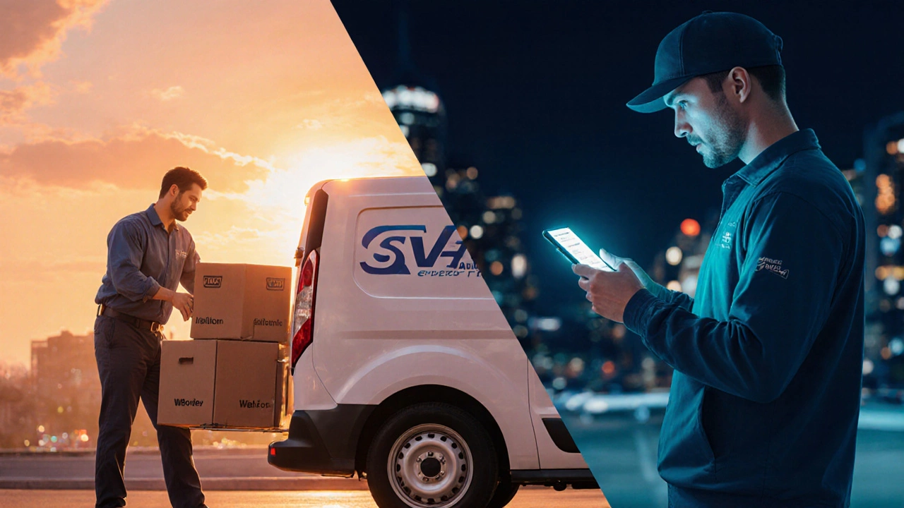 Split‑screen scene showing fleet ownership versus platform partnership for couriers.