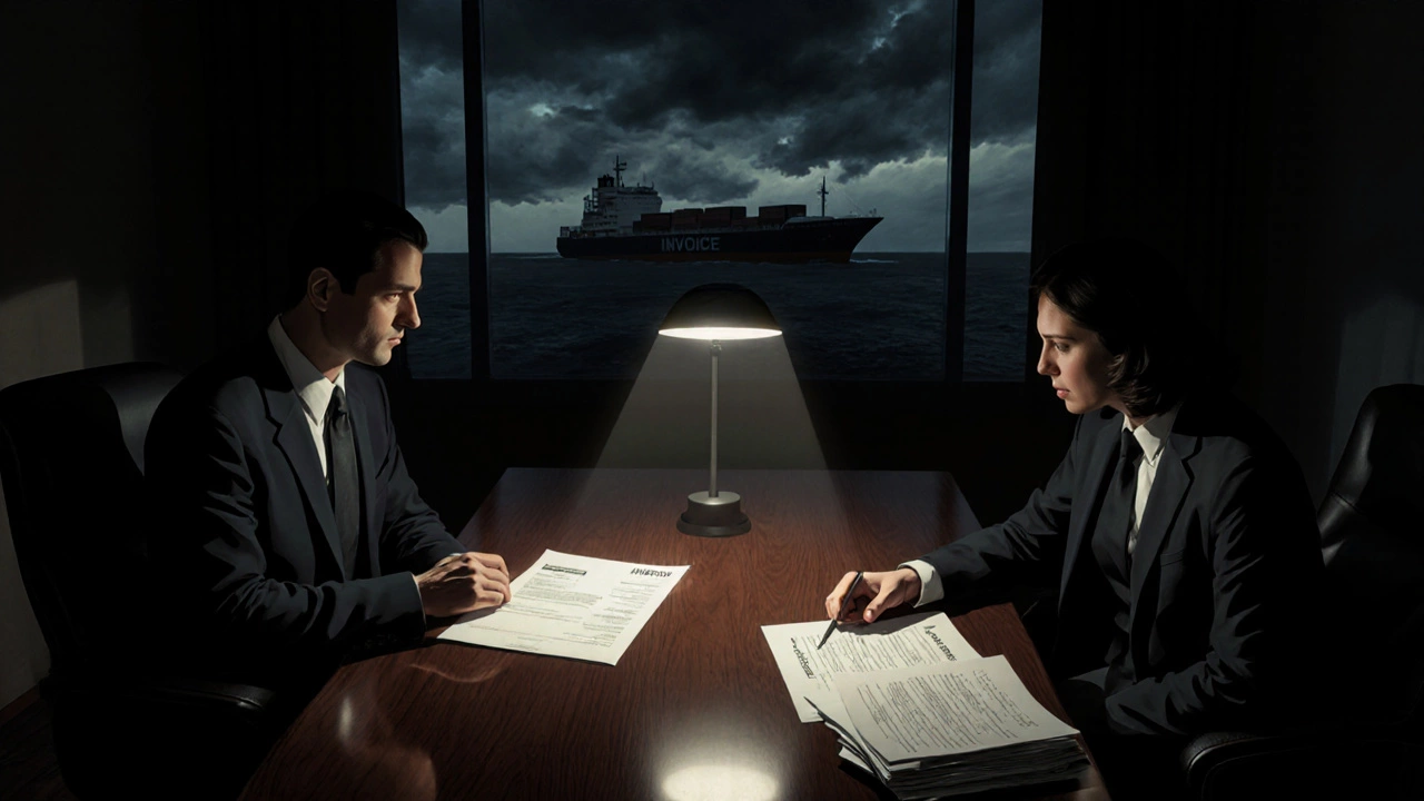 Tense meeting over invoice with shipper and freight forwarder in dim room.