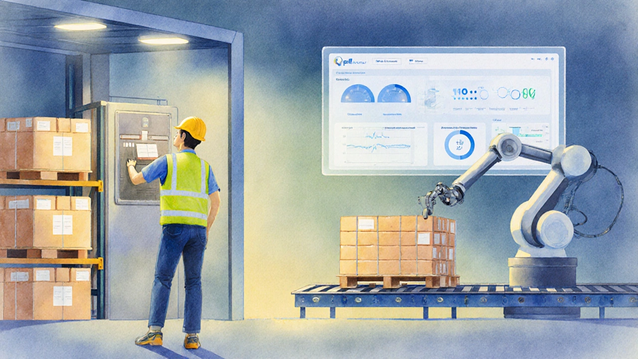Watercolor illustration of a worker using pick‑to‑light near a robotic arm with a KPI dashboard.