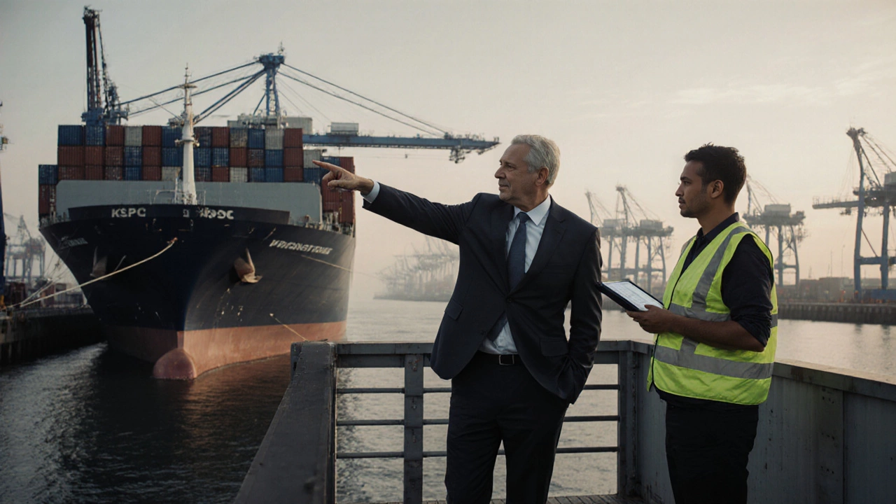 A freight forwarder observing container unloading at a busy international port at dawn.