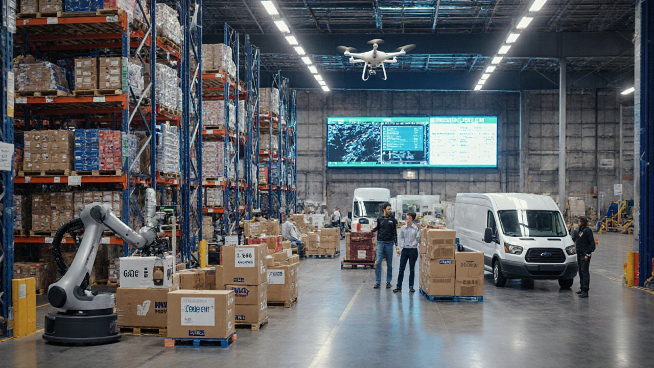 A fulfillment hub where robots and workers pack online orders for fast delivery.