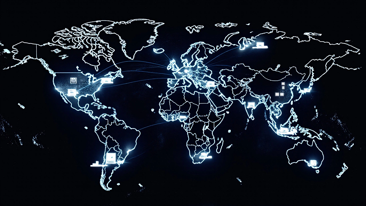 A global network of glowing connections linking warehouses, ports, and delivery routes.