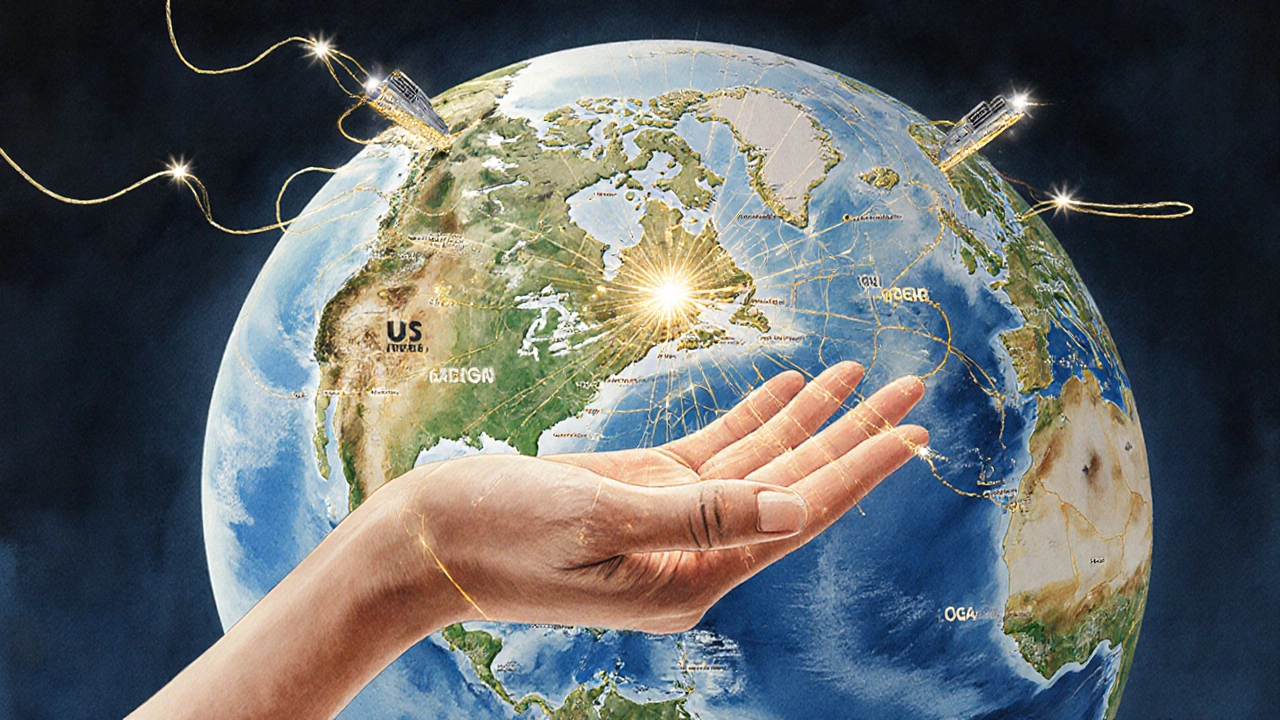 A hand balancing a web of global trade challenges, symbolizing the complex skills of freight forwarding.