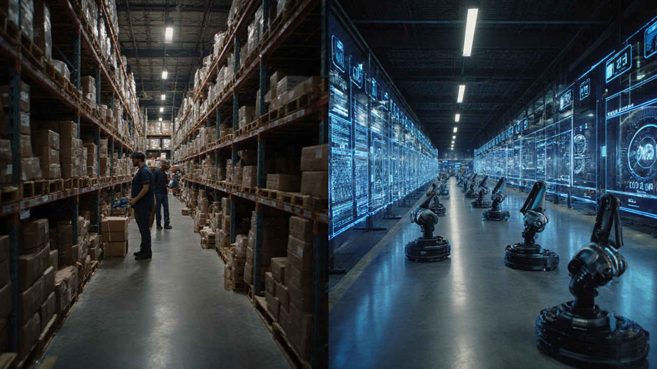 Contrast between manual warehouse work and automated AI-powered fulfillment center.