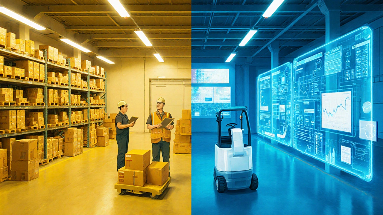 Contrast between messy manual warehouse and clean automated smart warehouse with digital interfaces.