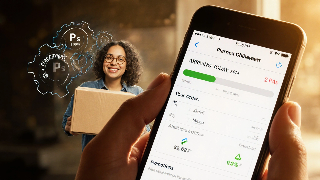 Customer smiling at a delivery tracker on their phone, showing guaranteed arrival time.