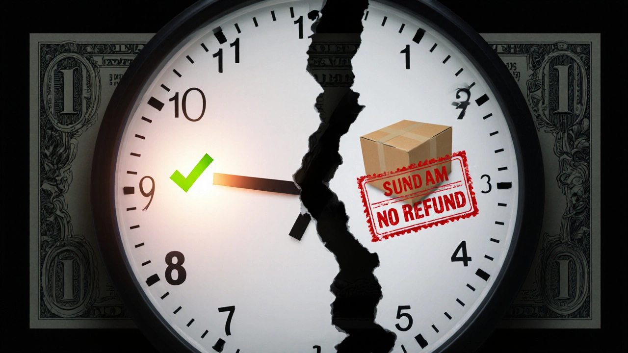 Fractured clock comparing guaranteed 1-Day delivery with no-refund 2-Day service.