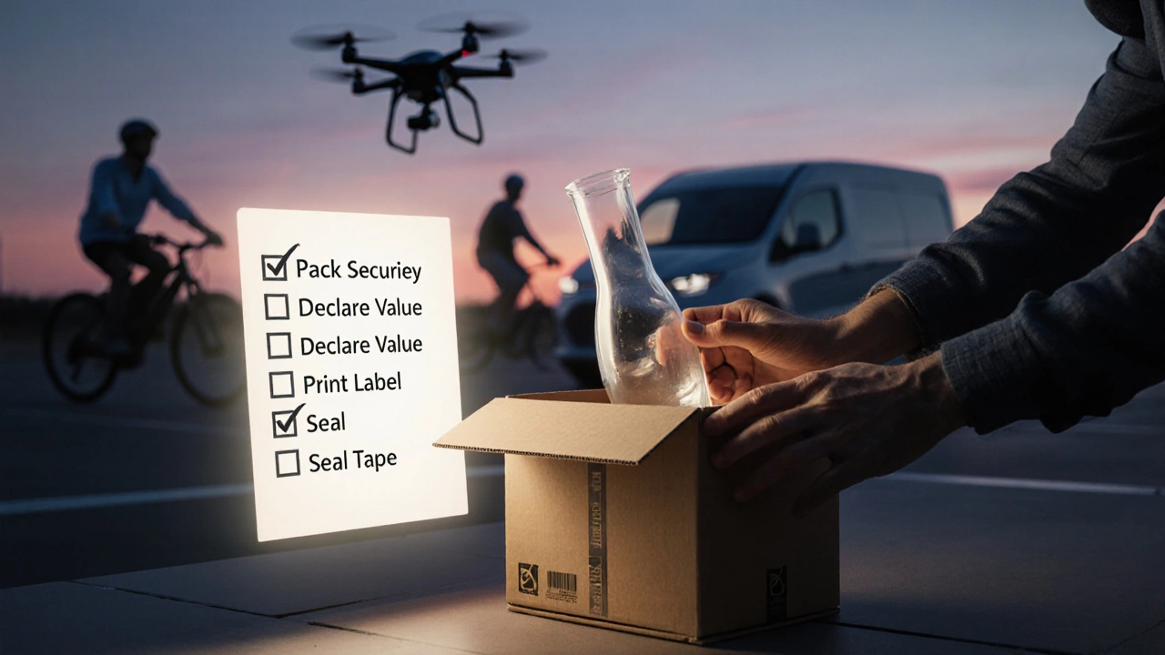 Hand packing a fragile item with checklist and delivery methods in background.