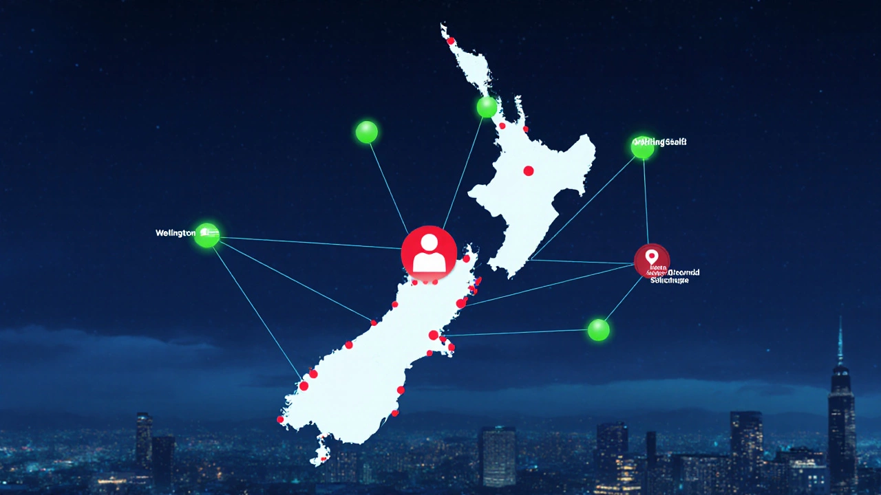 Map of New Zealand showing inventory hubs in major cities with shipping routes.