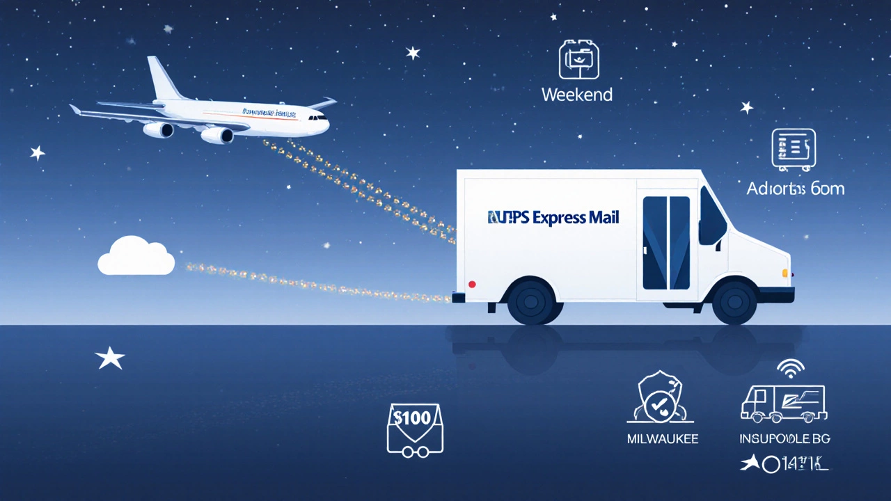 Overnight transit of Express Mail package from city to city with glowing tracking dots and delivery icons.