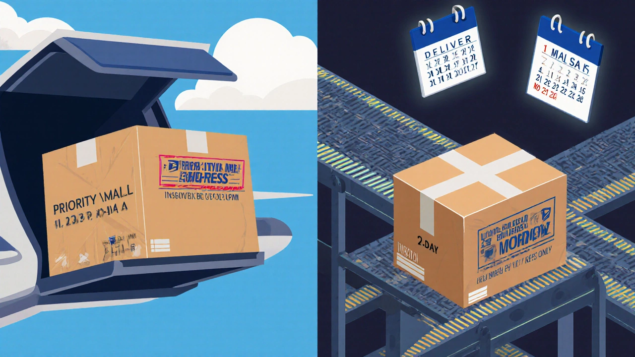 Side-by-side delivery timelines showing 1-Day package arriving Saturday and 2-Day arriving Monday.