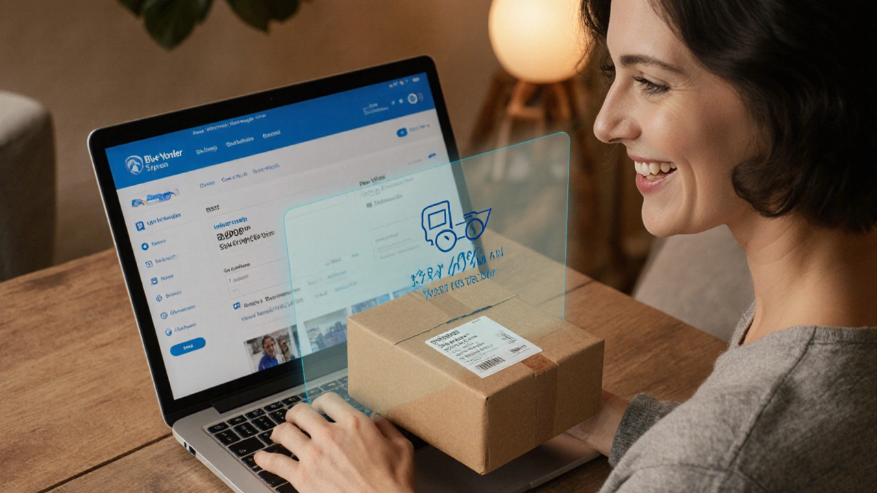 Small business owner using logistics software to optimize shipping and reduce costs.