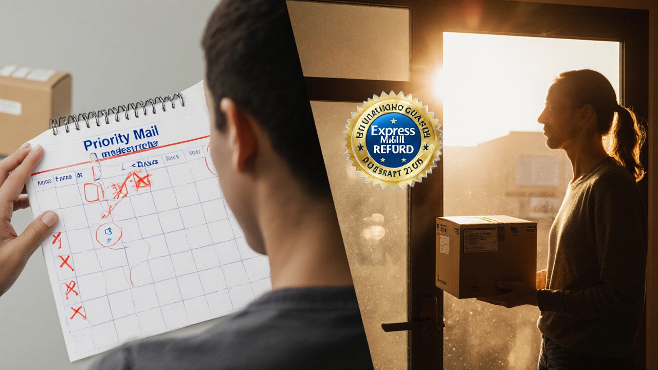 Split scene: delayed Priority Mail vs. timely Express Mail delivery with guarantee badge.
