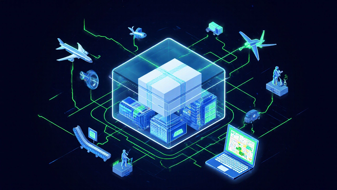 Transparent package showing internal logistics with glowing tracking lines and digital map.