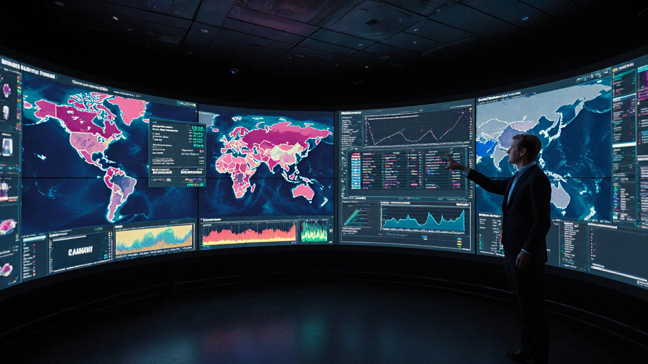 Warehouse manager viewing live global inventory data on large screens with AI analytics.